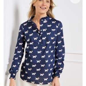 NWT Talbots Navy Sequin Ruffle Neck Popover Blouse M Scottie Dog Print Career